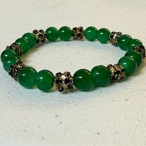 Emerald Green Beaded Stretch Bracelet Gold Pave Rhinestone Accents